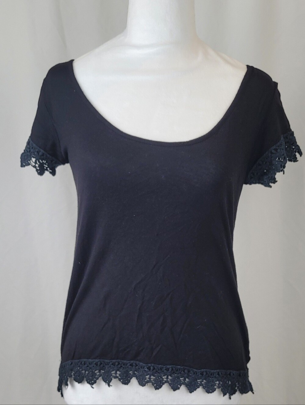 Empyre Black Scoop Neck Top with Crochet Lace Trim - Size XS